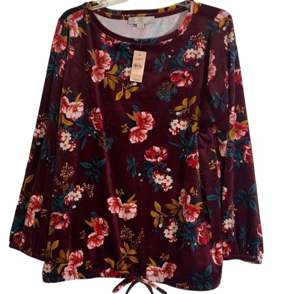 🌸 2/$25 NWT Maroon Red Loft Plus Floral Velour Crewneck Pullover Top - Picture 4 of 8